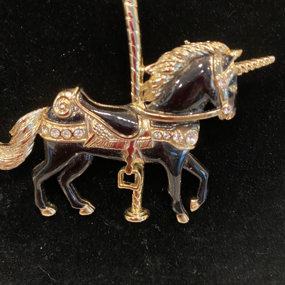 Vintage Black & Gold Tone Rhinestones Carousel Unicorn Horse Brooch Collectible